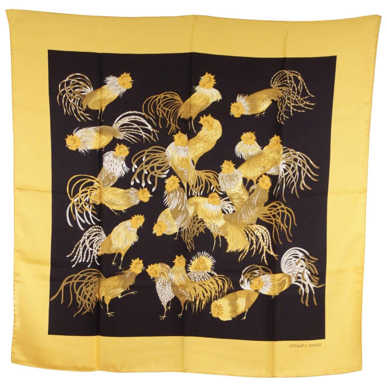 HERMES PARIS Vintage Silk Scarf JEUNES COQS Madame La Torre 1966 Yellow/Blue