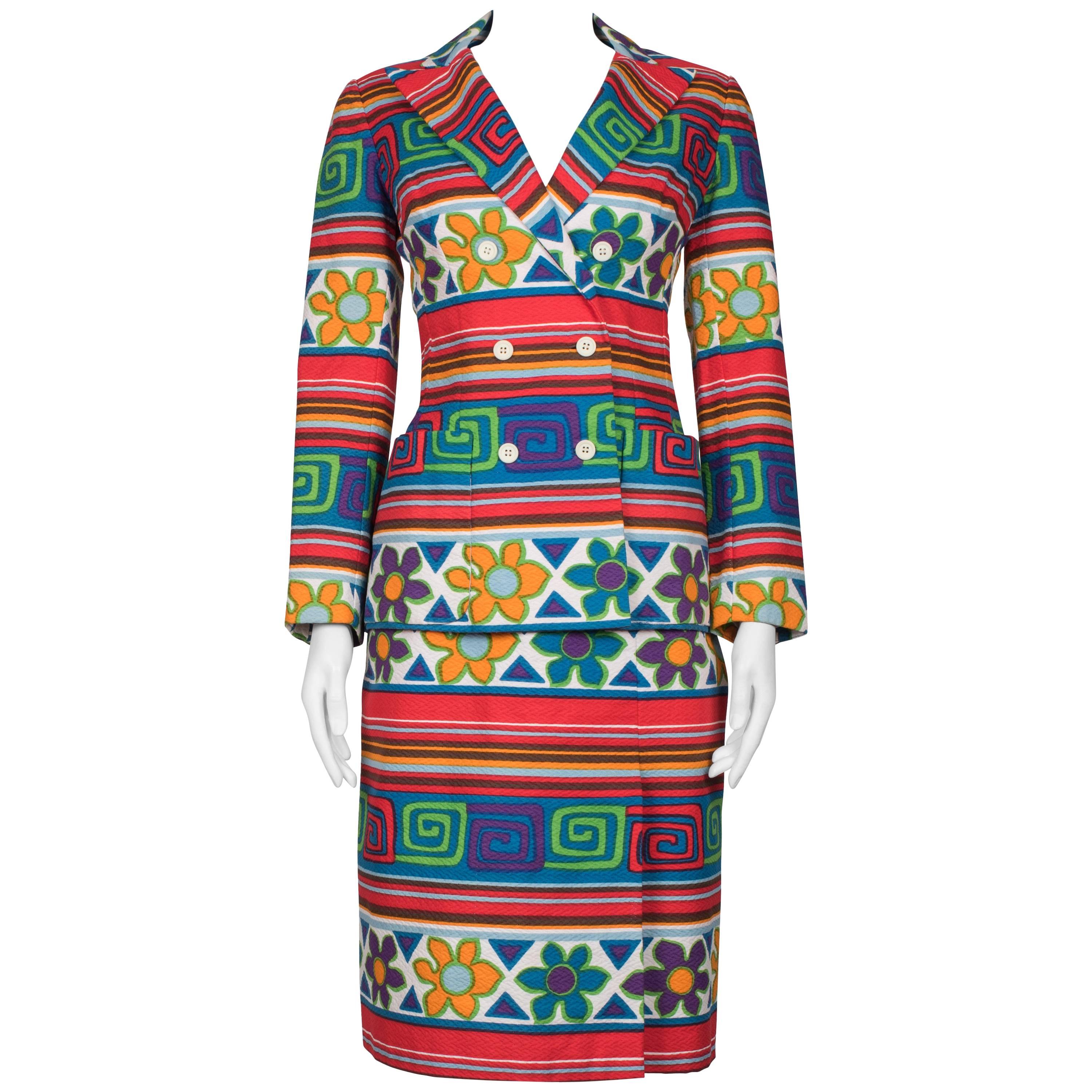 1970's Lanvin Multicoloured Stripes & Floral Skirt Suit For Sale