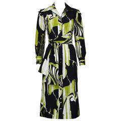 1970's Lanvin Lime, White & Black Abstract Print Shirt Dress