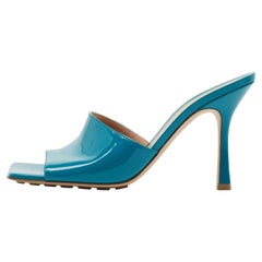 Bottega Veneta Blue Parent Leather Square Toe Stretch Slide Sandals Size 39.5