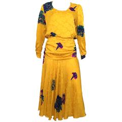 Flora Kung Golden Yellow Floral Silk Dress Size 8.