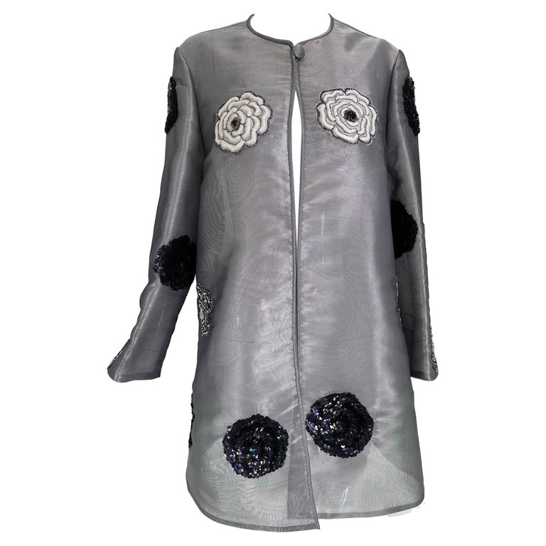 Gray silk Organza Embroidered Beaded &Sequin Circles Evening Coat  For Sale
