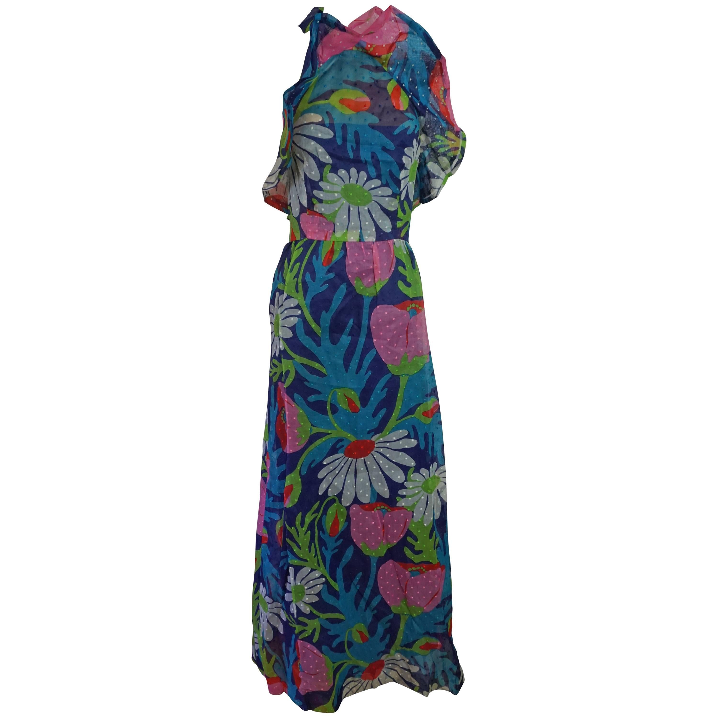 Givenchy Multi Color Silk Organza Floral Halter Dress with Ruffle, Circa 1970s