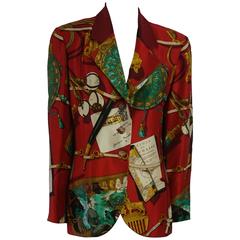Hermes Red and Multi Silk "Ecole de Chasse" Theme Print Jacket - 40- 80's