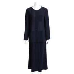 Chanel Jacket + Skirt Suit 2pc Sheer Wool Crepe Button Front Navy Blue 99P Sz 44