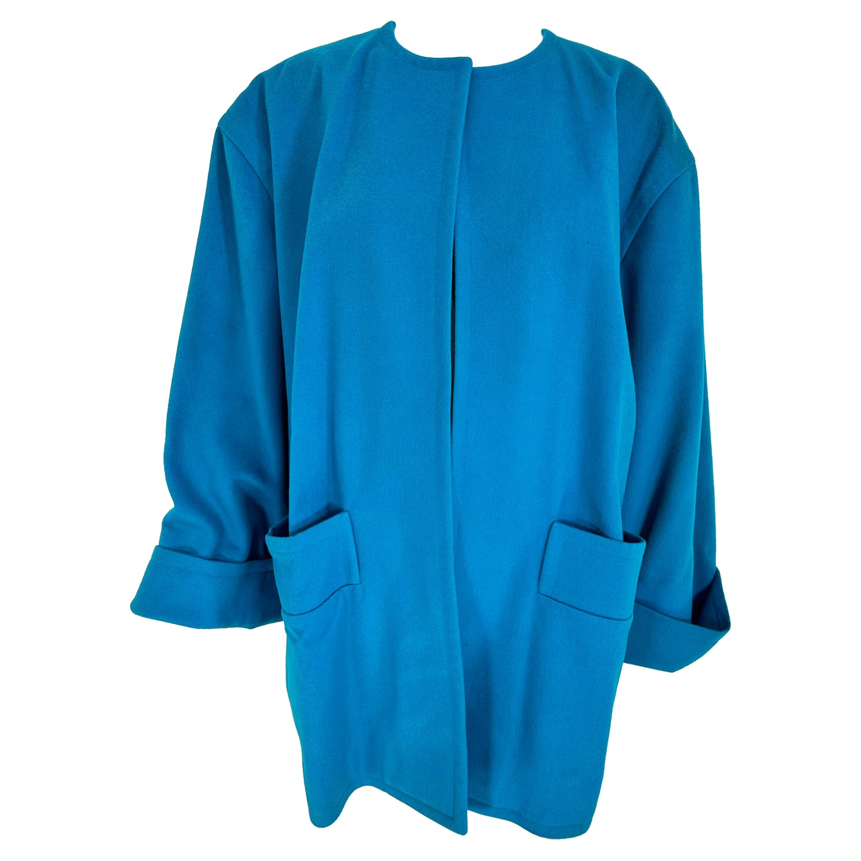 Givenchy - Manteau en laine turquoise ouvert sur le devant avec poches angulaires, années 1980 en vente