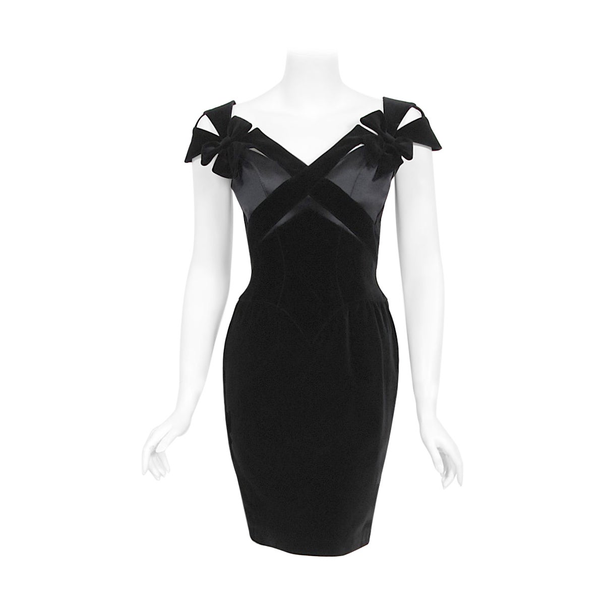 Vintage 1992 Thierry Mugler Couture Black Velvet & Silk Bow Cut-Outs Mini Dress 