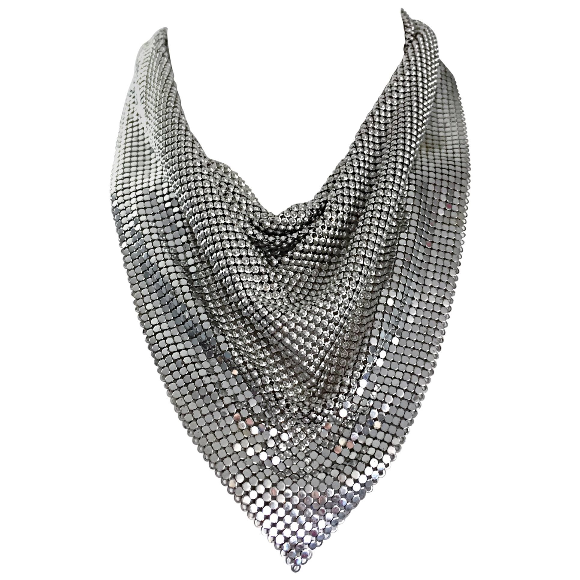 Vintage Whiting and Davis 1970s Silver Chainmail 70s Metal Disco Bib Necklace 