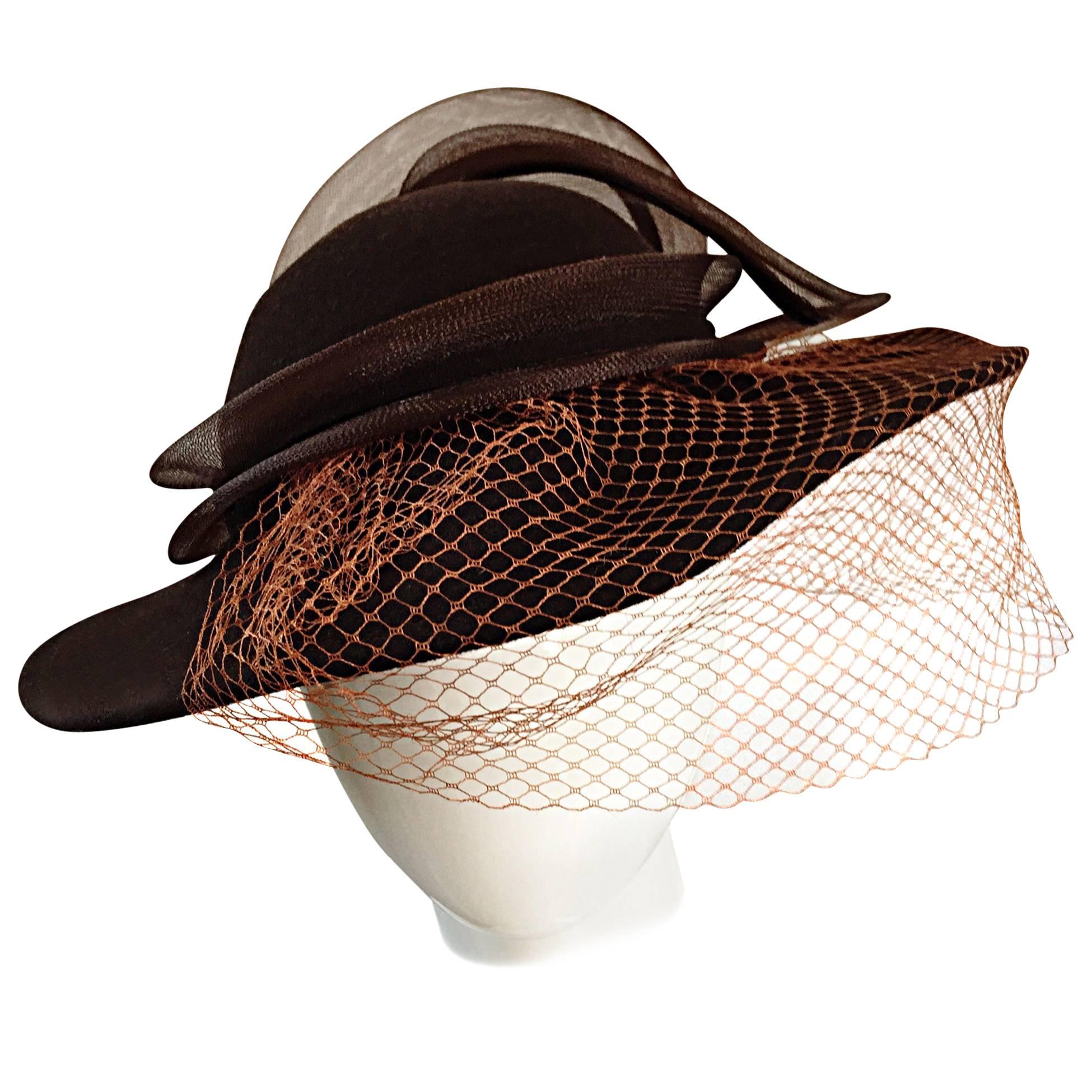 Avant Garde Vintage Bollman Brown Wool Hat w/ Net and Rhinestone