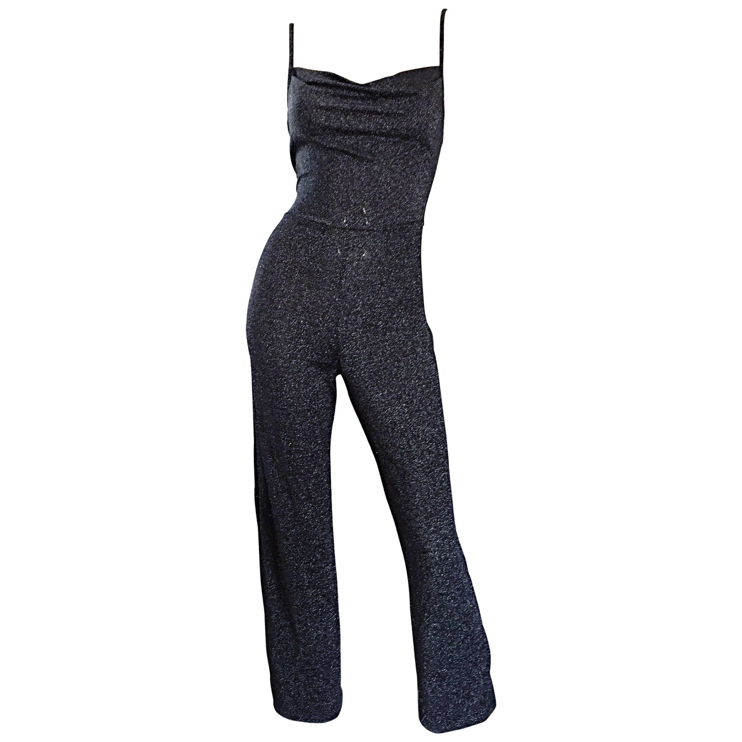 1970s Vintage Gunmetal Silver Metallic Jersey 70s Disco Jumpsuit / Catsuit