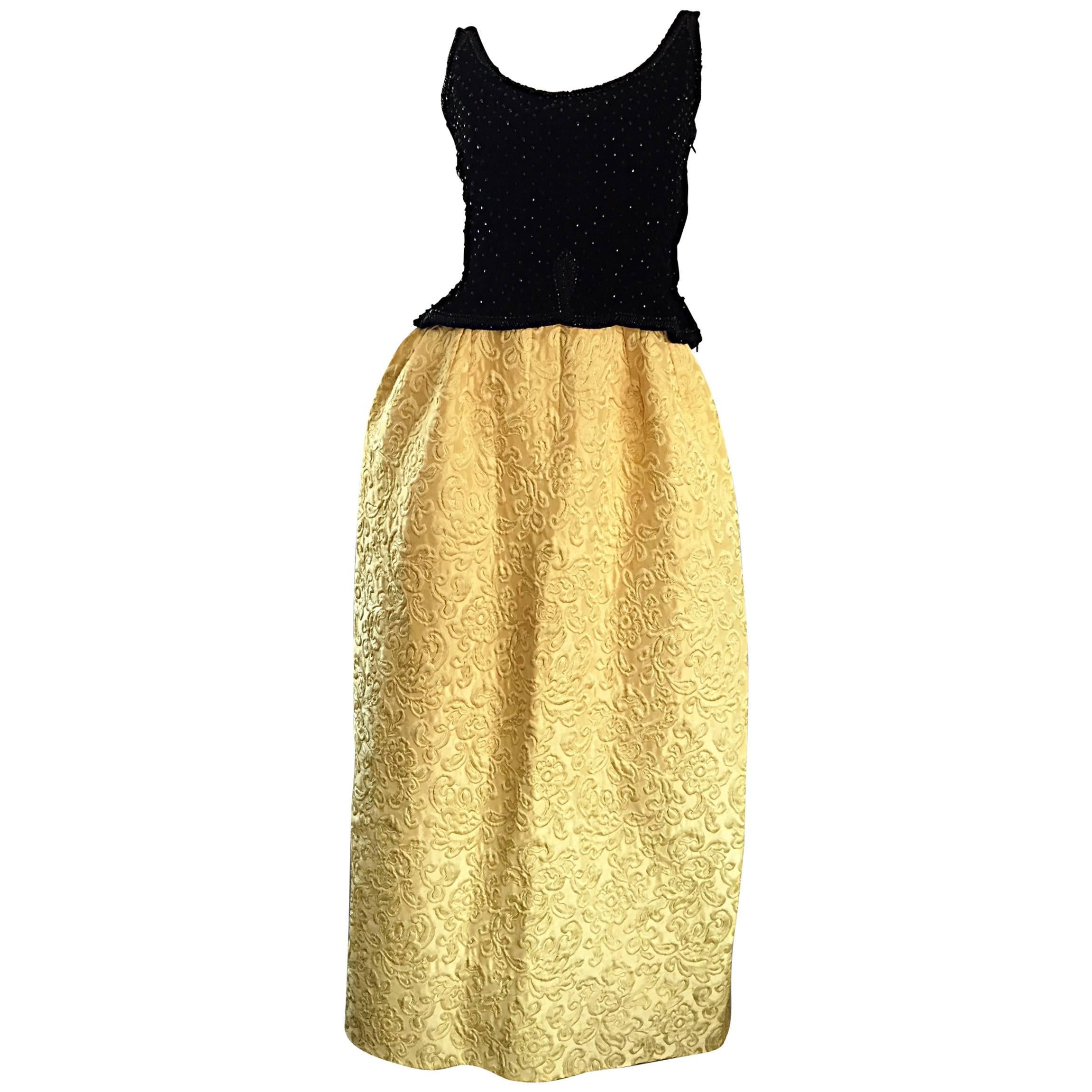 Amazing 1960s Bergdorf Goodman Beaded Black + Marigold Silk Brocade Evening Gown For Sale