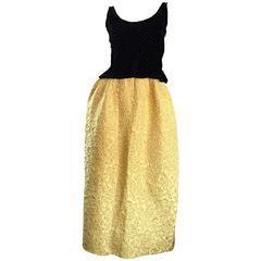 Amazing 1960s Bergdorf Goodman Beaded Black + Marigold Silk Brocade Evening Gown