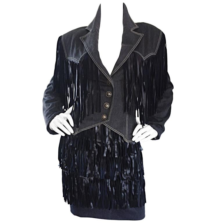 Vintage Patrick Kelly Denim And Leather Fringe Rare Skirt Jacket Vintage Patrick Kelly Denim And Leather Fringe Rare Skirt Jacket Suit Ensemble For