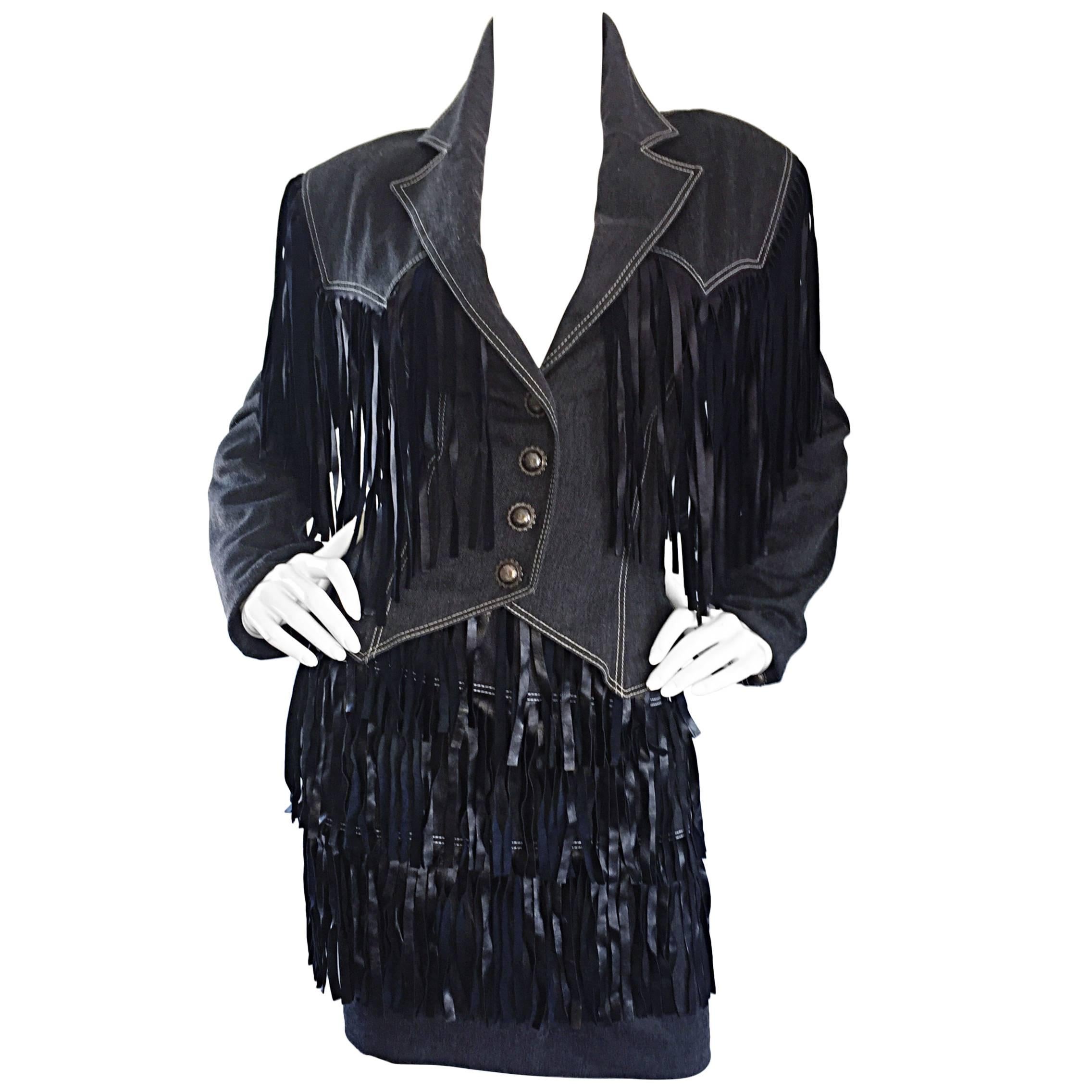 Vintage Patrick Kelly Denim and Leather Fringe Rare Skirt + Jacket Suit Ensemble