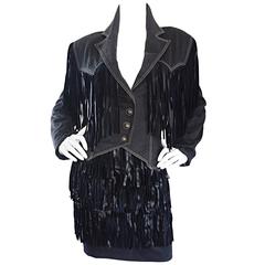 Vintage Patrick Kelly Denim and Leather Fringe Rare Skirt + Jacket Suit Ensemble 12