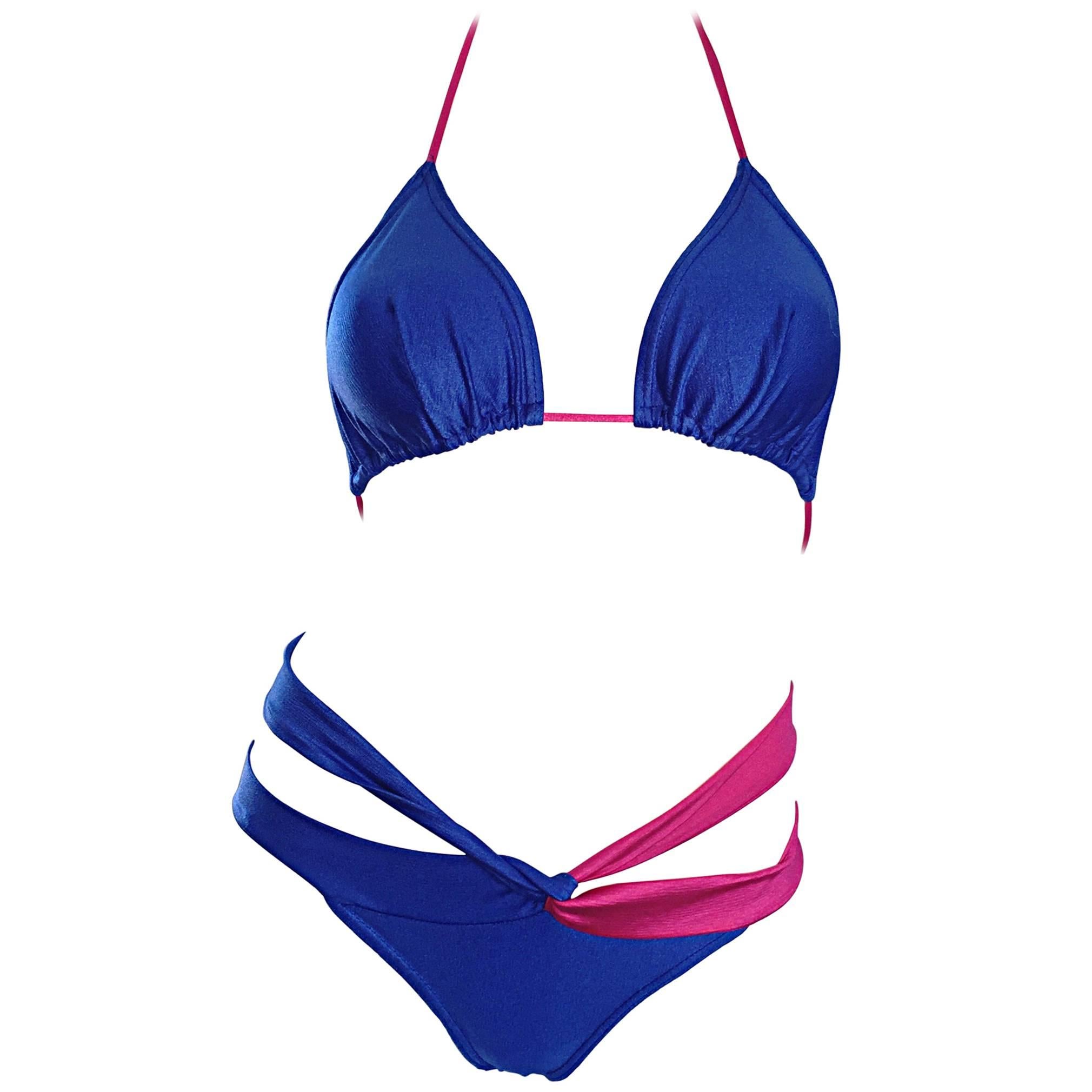 New 1990s Jean Louis Scherrer Vintage Fuchsia Pink & Blue Cut Out String Bikini