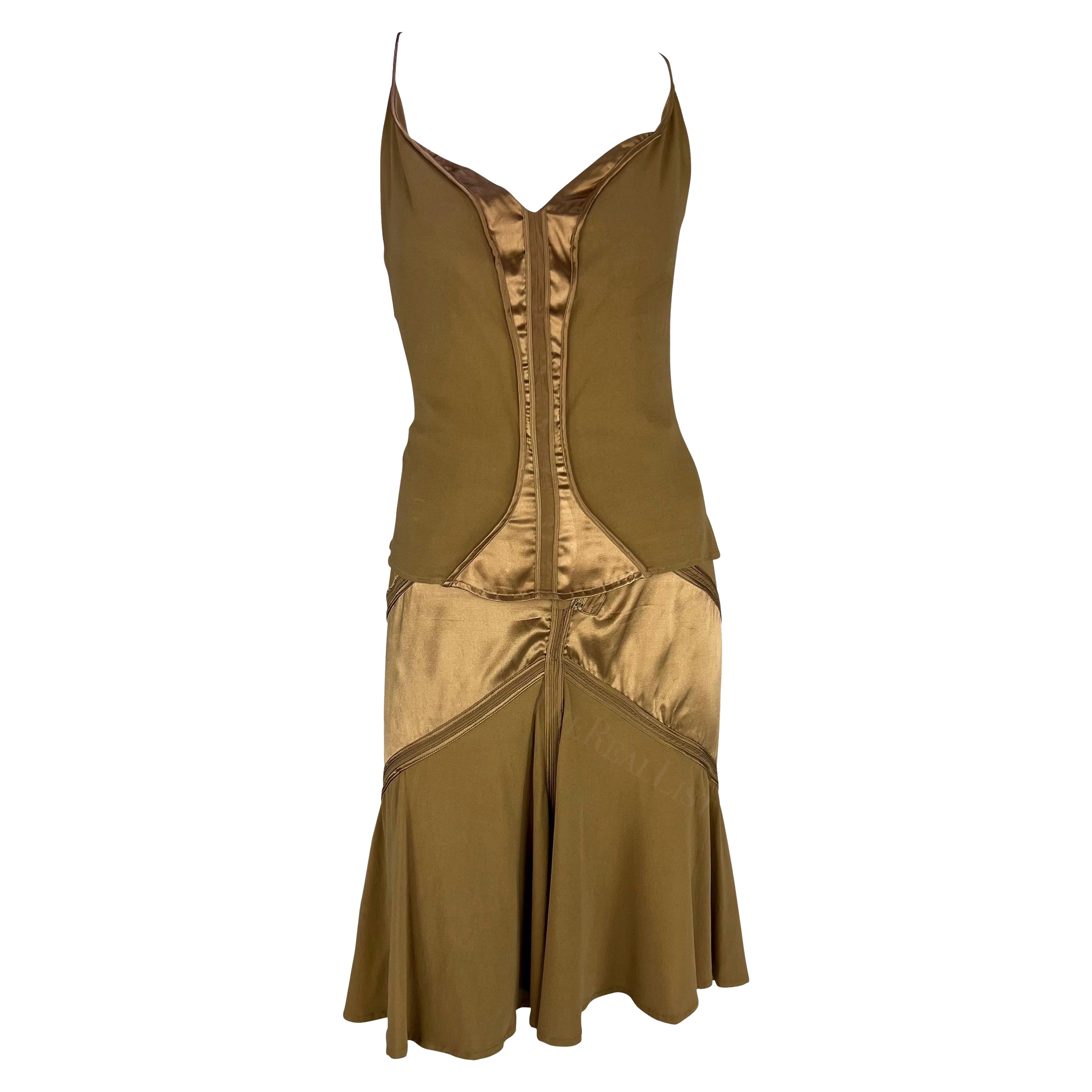 2004 Roberto Cavalli Tan Y2K Satin Panel Cami Tank Skirt Set