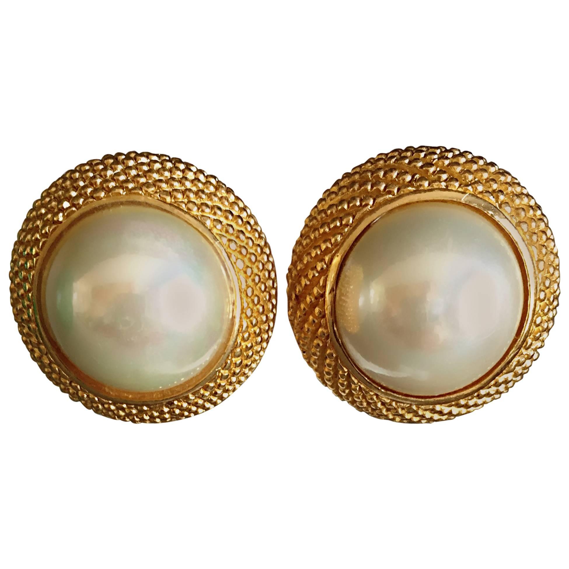 Vintage Christian Dior 1990s Signed Large Pearl Gold Dome Clip On 90s Earrings 