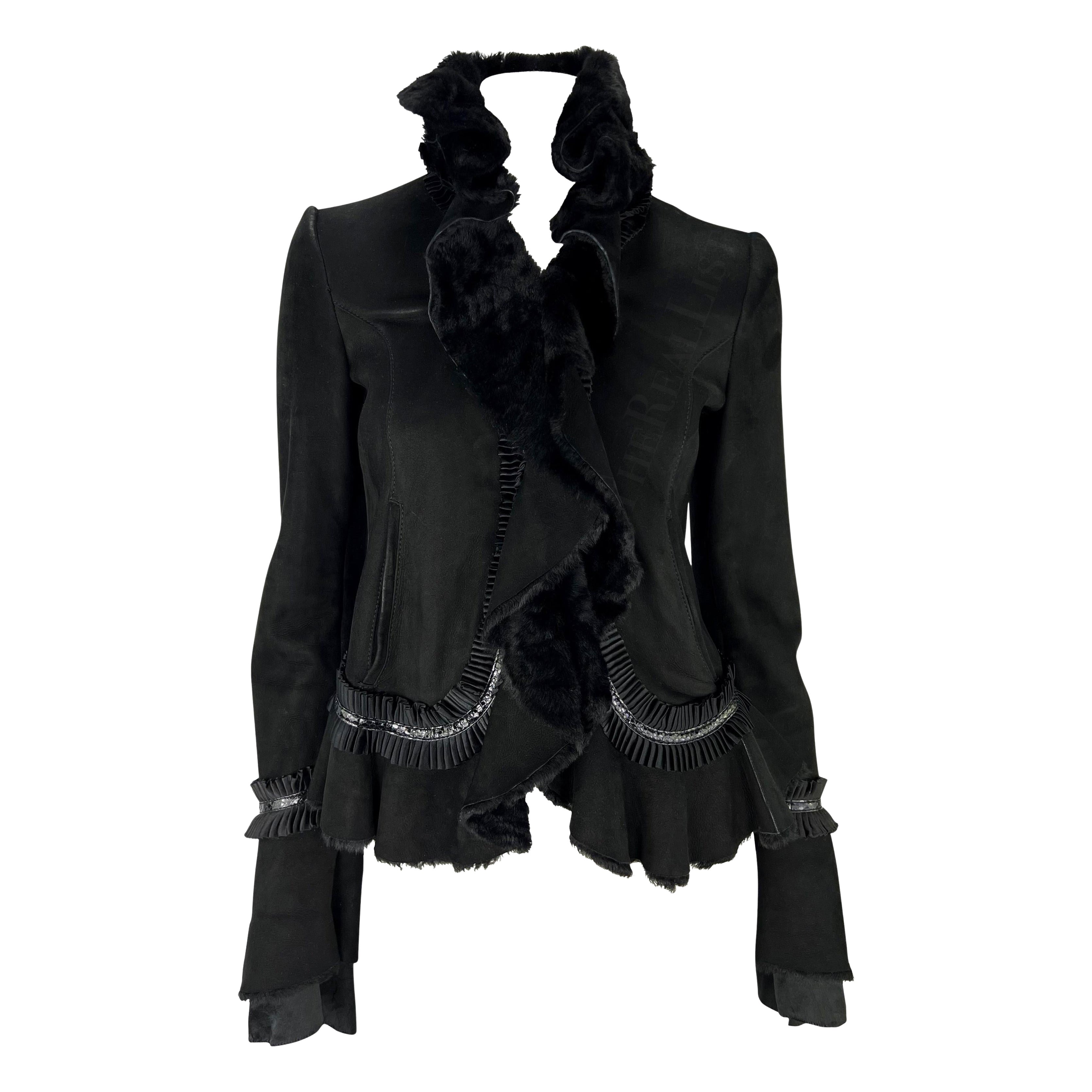 F/W 2006 Roberto Cavalli Black Shearling Silk Ribbon Accent Jacket For Sale