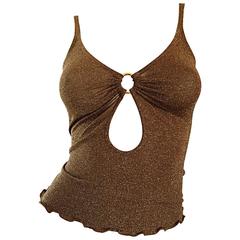 Vintage Moschino Sexy 1990er Jahre Bronze Metallic Schlüsselloch 90er Jersey ärmelloses Top