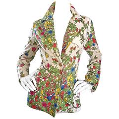 1970s Leslie Fay Knit Jersey Novelty Floral Garden Botanical Print Blazer Jacket 6