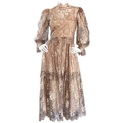 Vintage Rina Di Montella Taupe French Lace + Sequin Silk Victorian Dress Set