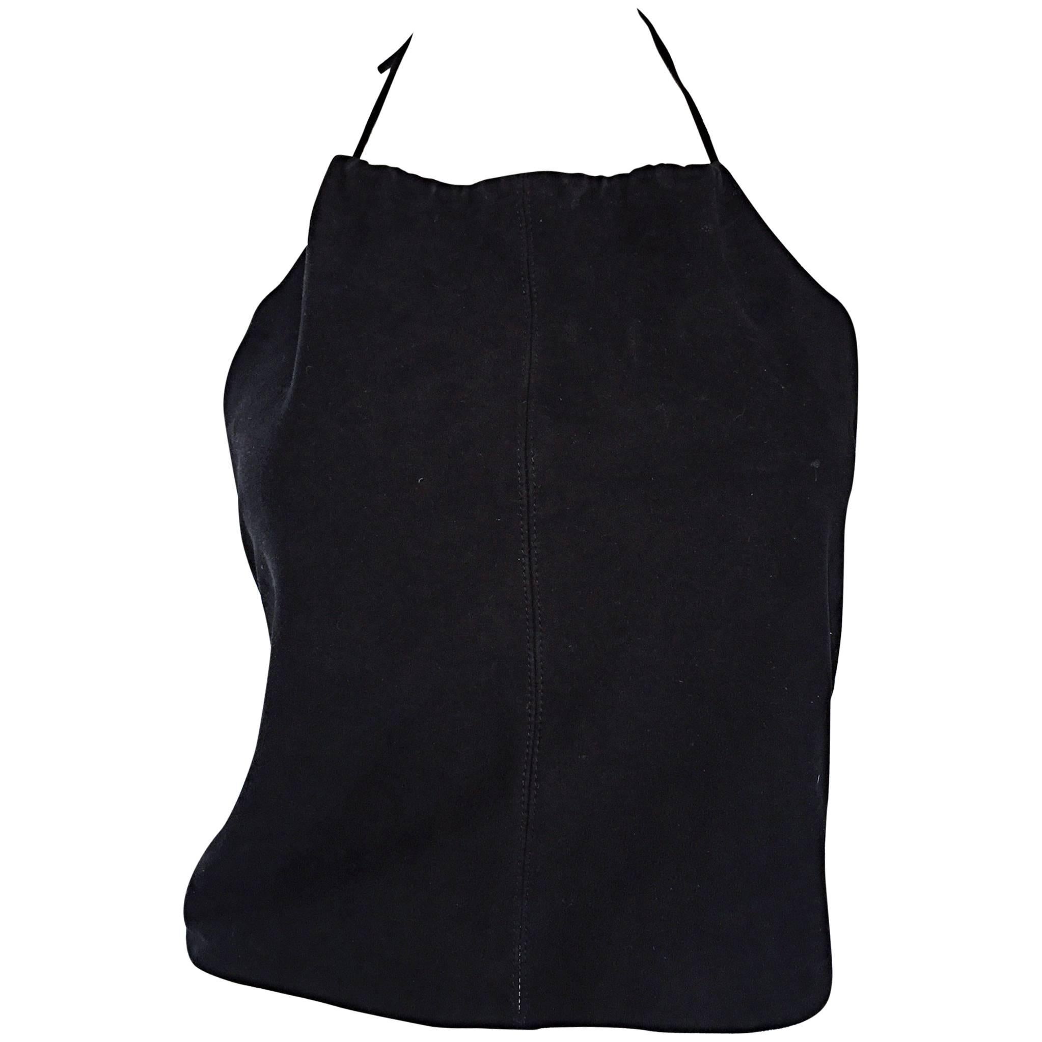 Gemma Kahng Vintage 1990s Black Suede Leather 90s Cropped Halter Top Shirt For Sale