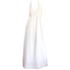 Mollie Parnis Vintage 1970s White Linen 70s Halter Neck Boho Maxi Dress 12