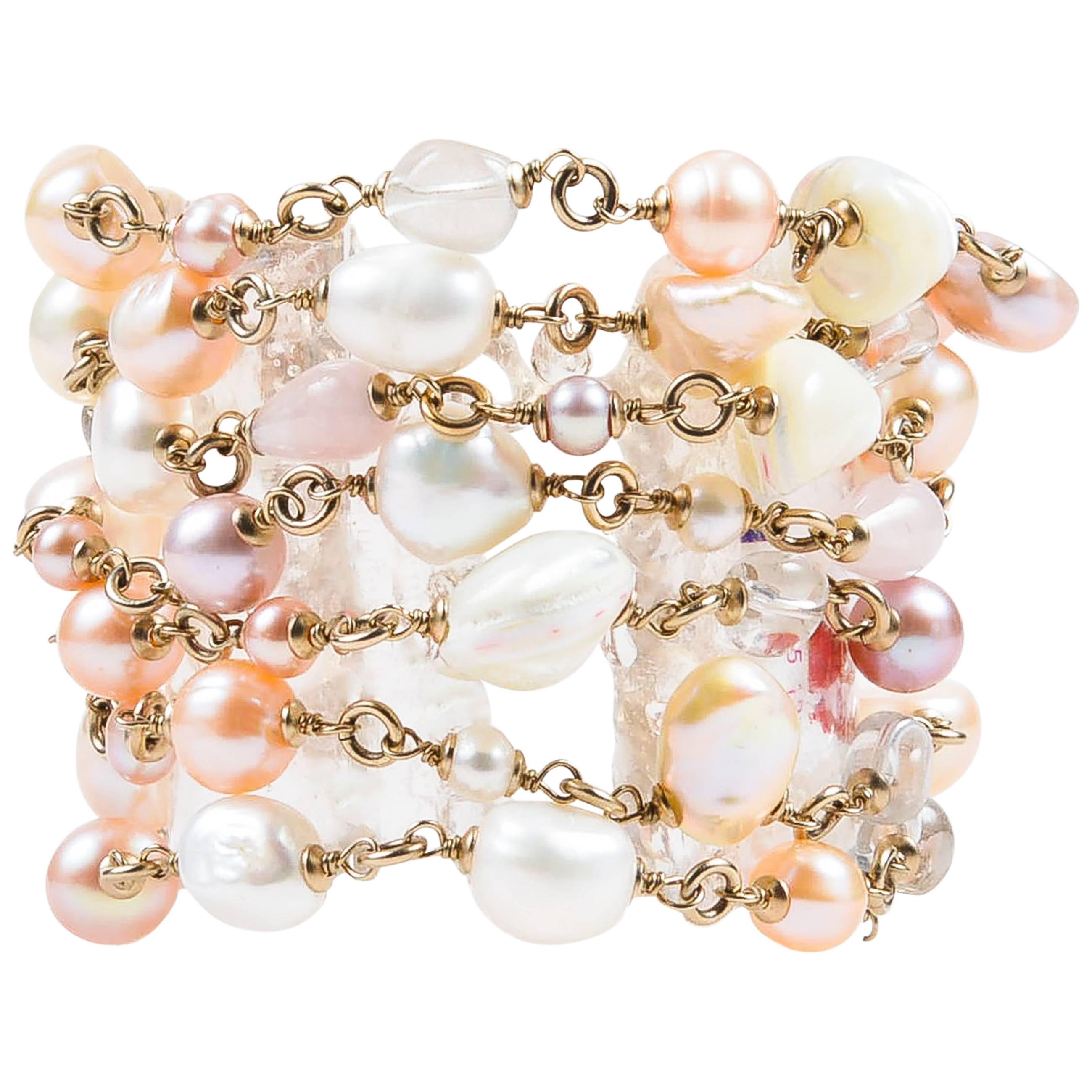 Chanel 2012 Spring Gold Tone Pink Faux Pearl Beaded Multi Strand 'CC' Bracelet For Sale