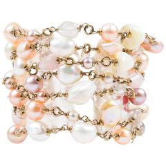 Chanel 2012 Spring Gold Tone Pink Faux Pearl Beaded Multi Strand 'CC' Bracelet