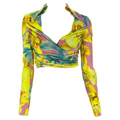 S/S 2004 Versace by Donatella Runway Pink Yellow Floral Runway Wrap Crop Top