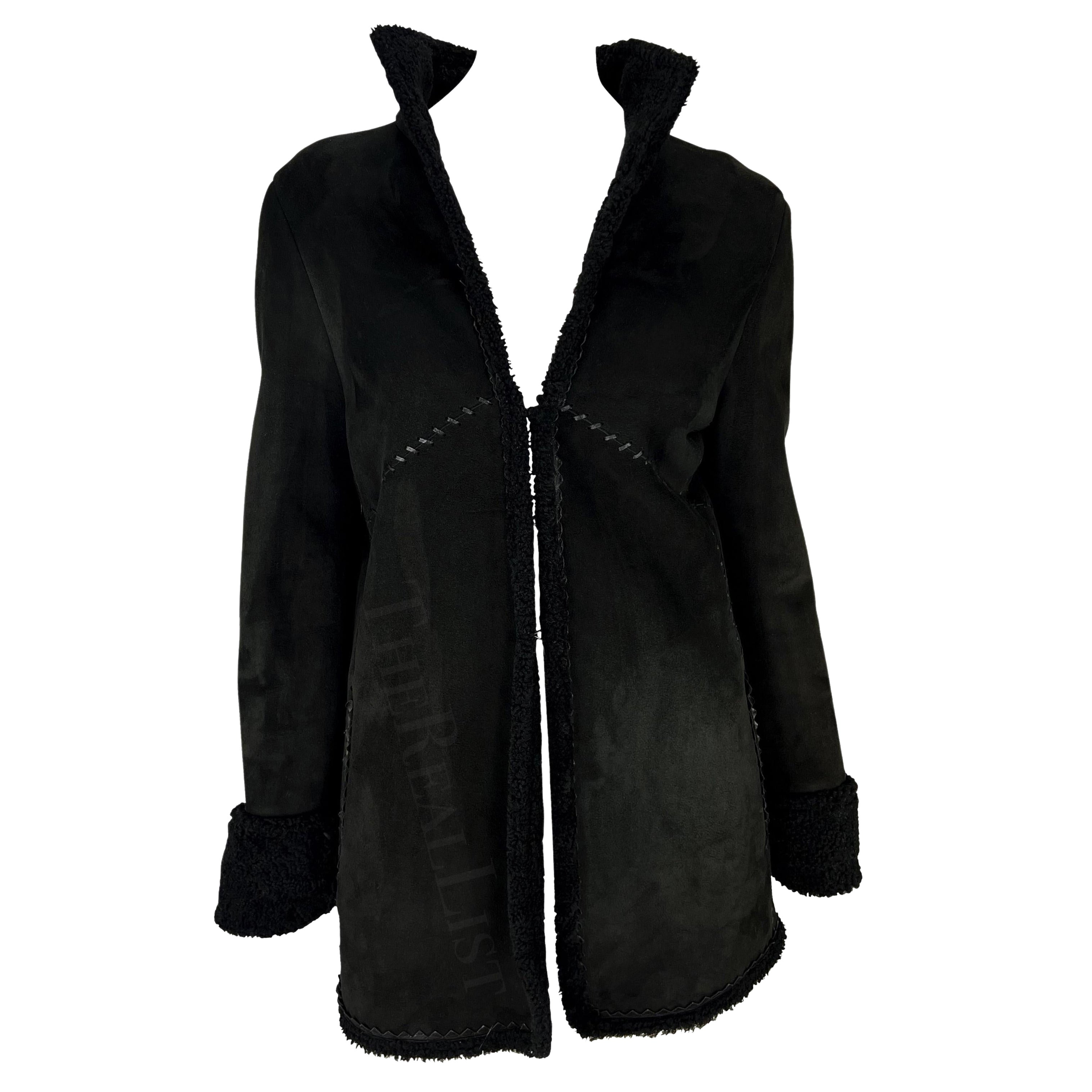 F/W 2002 Gianni Versace by Donatella Black Shearling Woven Leather Jacket For Sale
