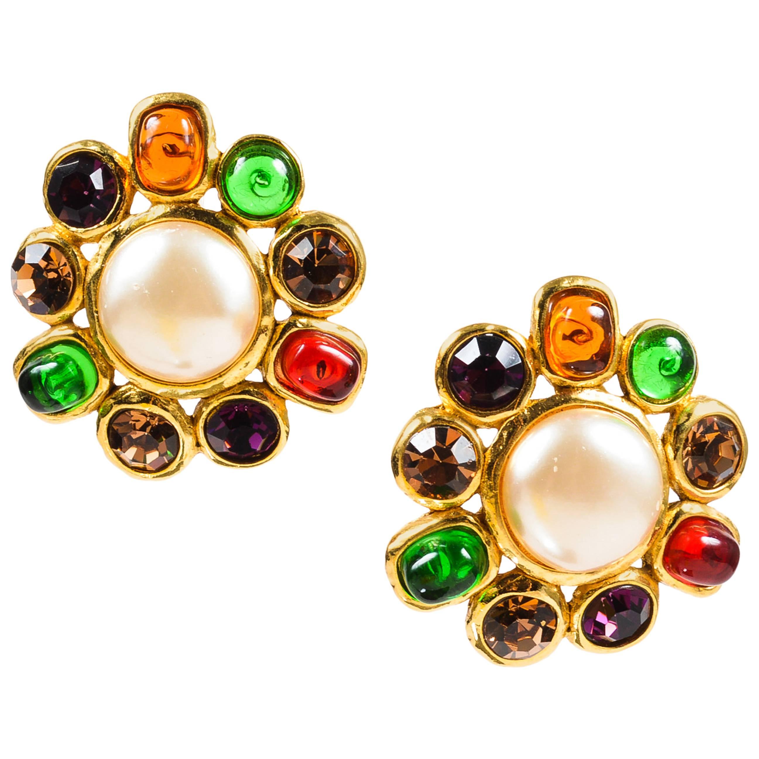 Vintage Chanel Gold Tone Faux Pearl Multicolor Griproix Clip On Earrings For Sale