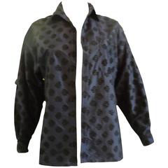 1990s Isaac Mizrahi Navy Blue Silk Jacket with Velvet Relief (8) 4