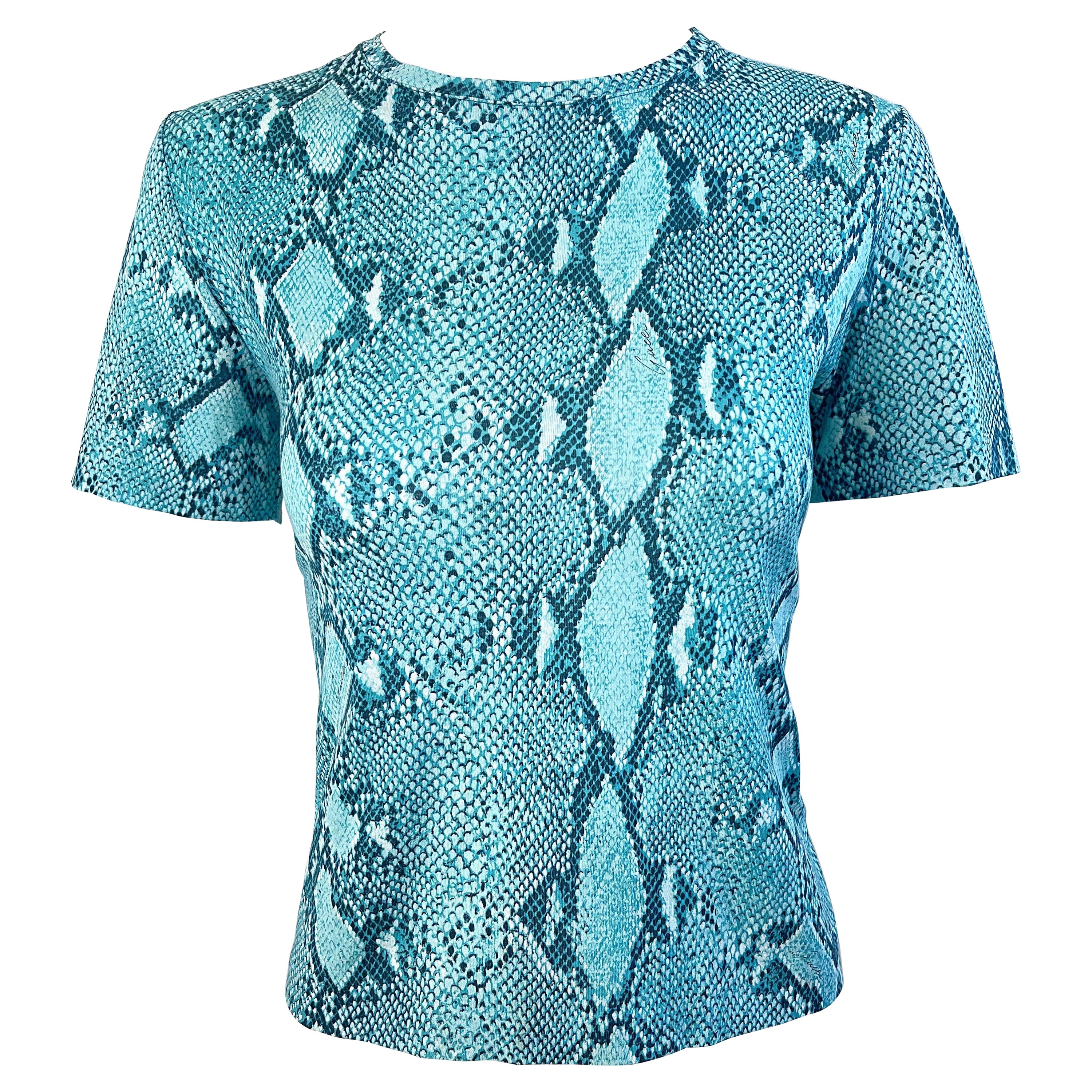 Gucci by Tom Ford Spring 2000 Turquoise Blue Snake Print Vintage Tee Shirt  Y2K For Sale at 1stDibs