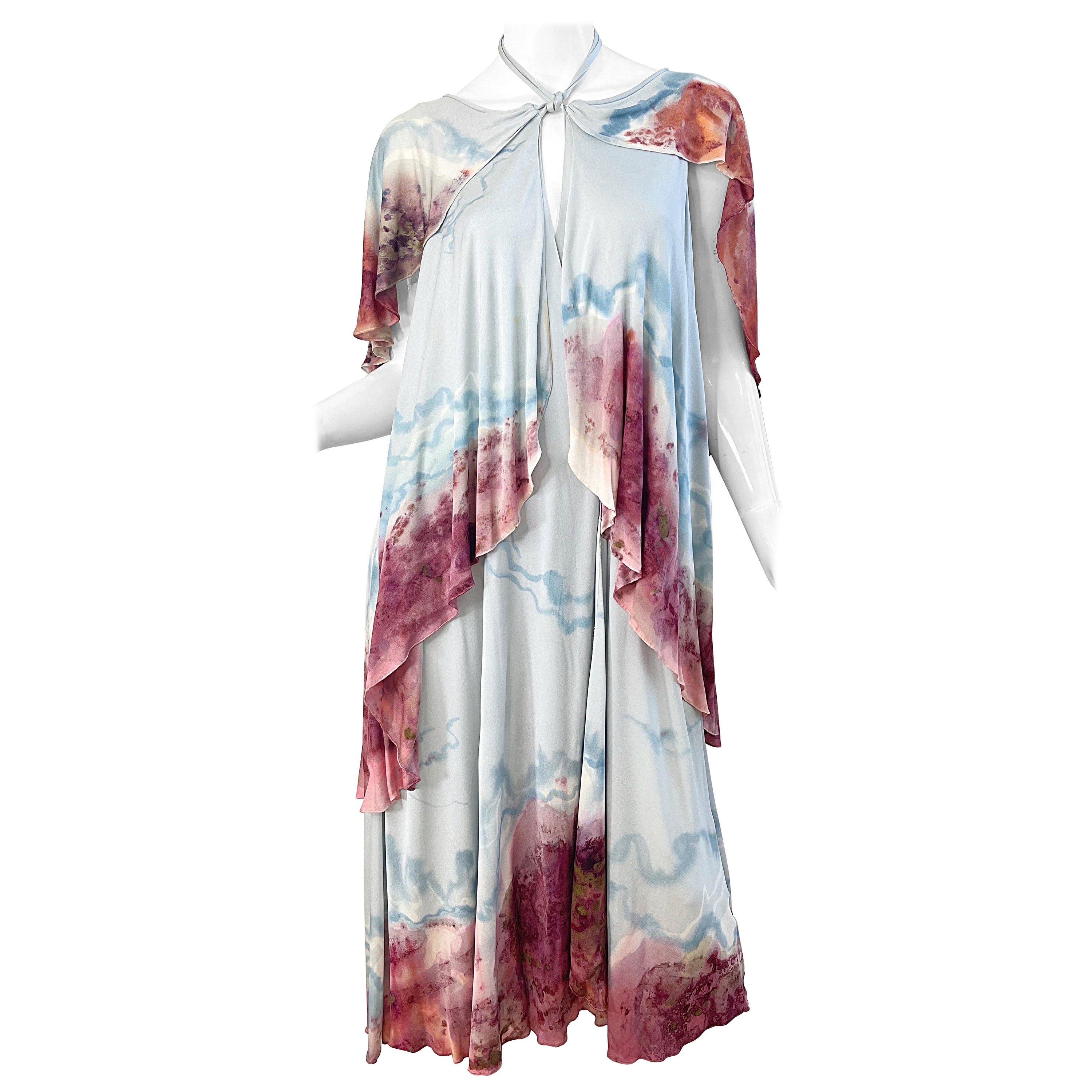 1970s Holly’s Harp Rare Hand Tie Dyed Marble Silk Jersey Vintage 70s Boho Dress For Sale