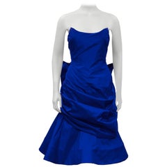 1980's Royal Blue Silk Taffeta Cocktail Dress With Back Bow and Crinoline