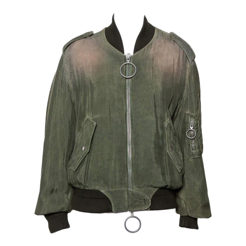 Off-White Green Cupro Washed Out Effect Zipper Front Bomber Jacket M For Sale