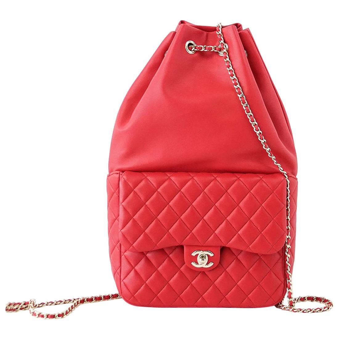 CHANEL Bag Red Classic Lambskin Backpack Rucksack CC Chain Quilted New