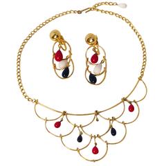 60s Red White & Blue Gold Toned Necklace and Earring Set 