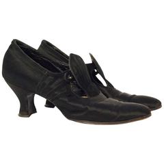 Antique Edwardian Black Silk & Suede Heels 