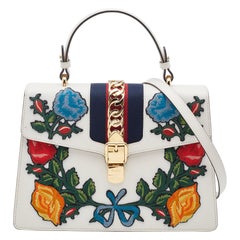 Gucci White Leather Floral Embroidered Medium Sylvie Top Handle Bag