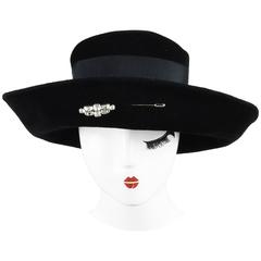 Vintage Andre Black Velour Felt Rhinestone Pin Grosgrain Ribbon Bow Breton Hat 10