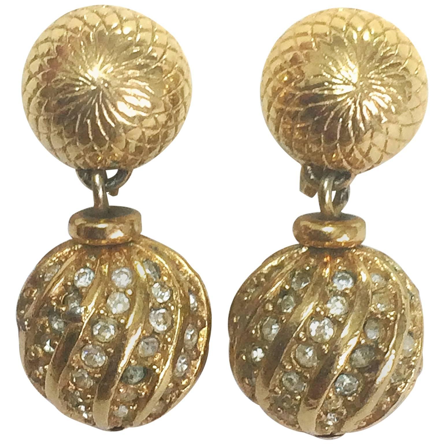 Vintage Christian Dior golden ball charm dangling earrings, rhinestone crystals For Sale