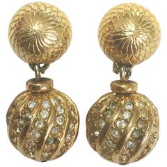 Vintage Christian Dior golden ball charm dangling earrings, rhinestone crystals