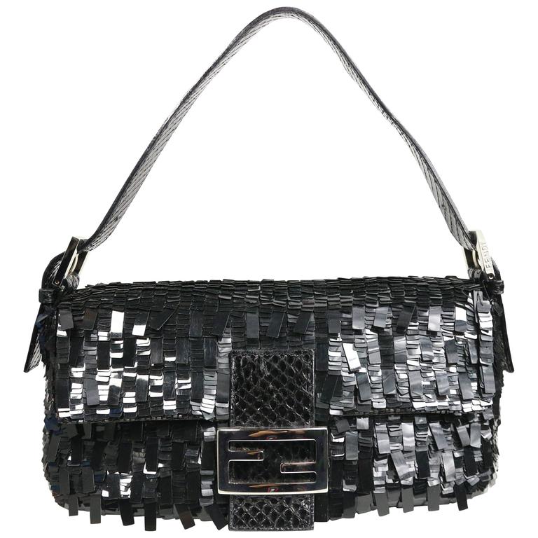 Fendi Classic Black Sequin Baguette Handbag