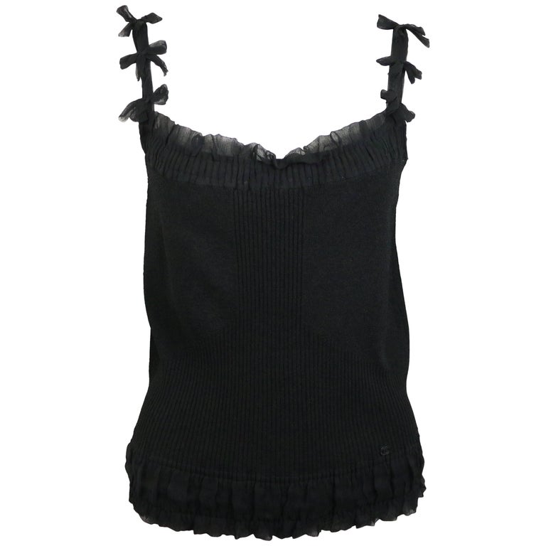 Chanel Black Ribbed Knit Silk Ribbon Bow Spaghetti Straps Tank Top at  1stDibs