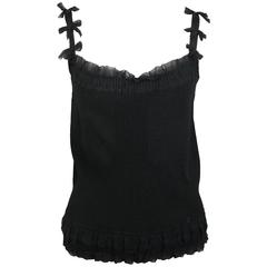Chanel Black Ribbed Knit Silk Ribbon Bow Spaghetti Straps Tank Top 4