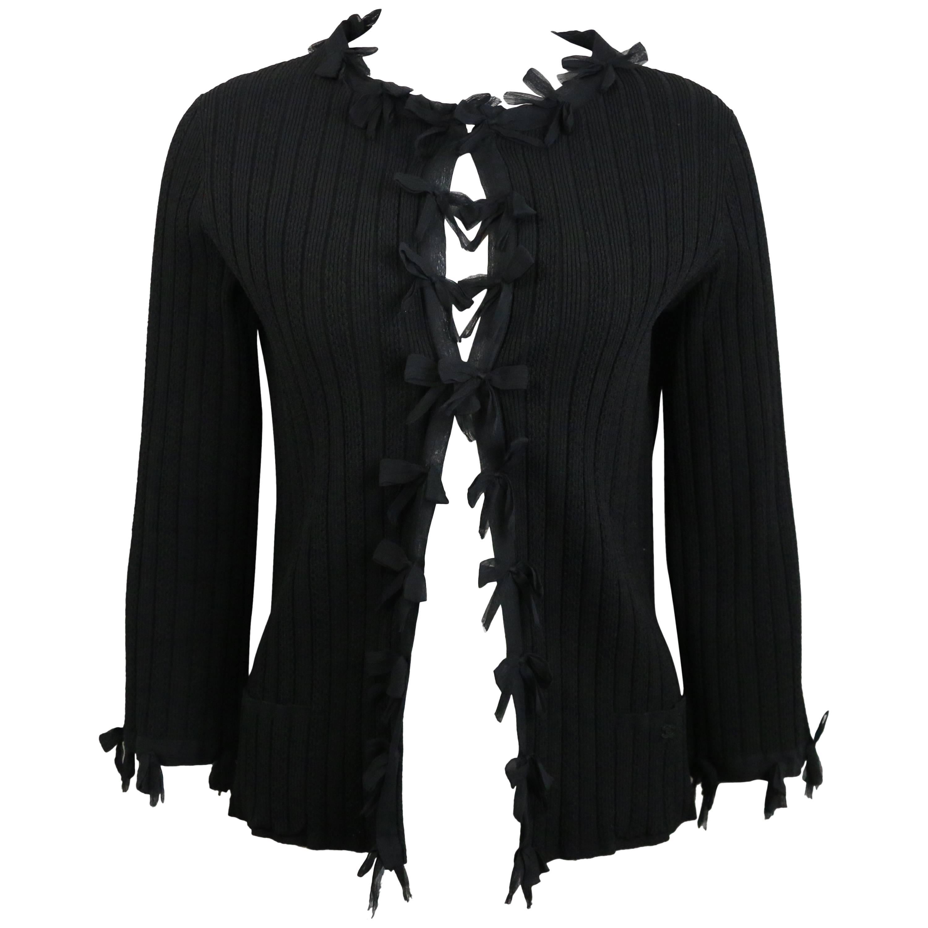 Chanel Black Knitted Silk Ribbon Bow Trim Three-Quarter Sleeve Cardigan 