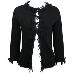 Chanel Black Knitted Silk Ribbon Bow Trim Three-Quarter Sleeve Cardigan